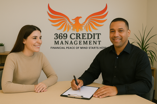 A woman consults with a financial advisor at 369 Credit Management. The phoenix logo and tagline “Financial Peace of Mind Starts Here” are visible behind them.